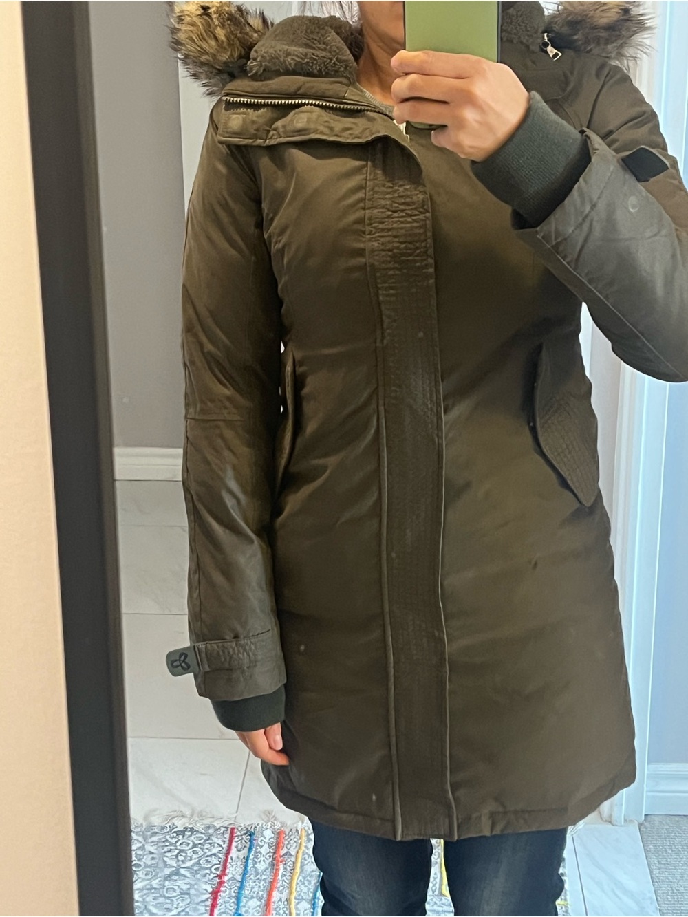 TNA Olive Green Hooded Parka with Faux Fur Hood Trim